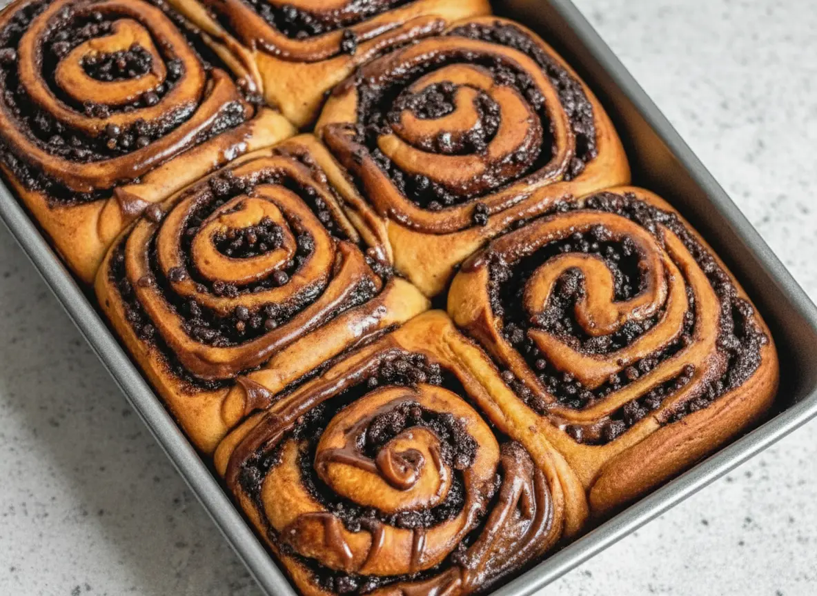 A high-angle, straight-down shot of a rectangular metal baking pan filled with golden-brown Chocolate Cinnamon Rolls. The rolls have a distinct spiral shape filled with dark chocolate granules and cocoa paste. The texture is fluffy and soft, with a glossy sheen on top but no white icing. The pan sits on a marble countertop with wood accents. Soft morning light from the east creates gentle shadows. Fresh herbs are blurred in the distant background.