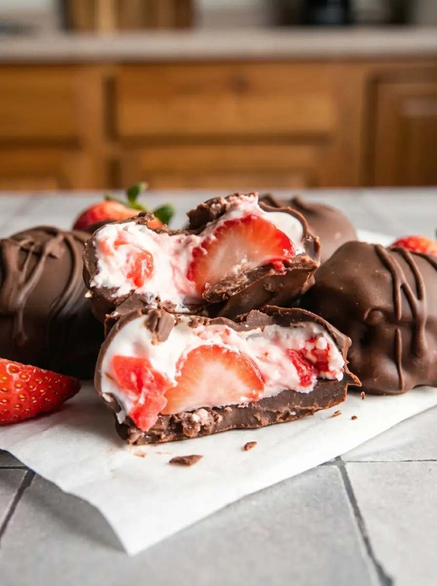A step-by-step shot showing a spoonful of the creamy strawberry yogurt mixture being dropped onto a parchment-lined baking sheet on a marble countertop. The light from the east window highlights the textures, with soft shadows. (3:4 ratio)