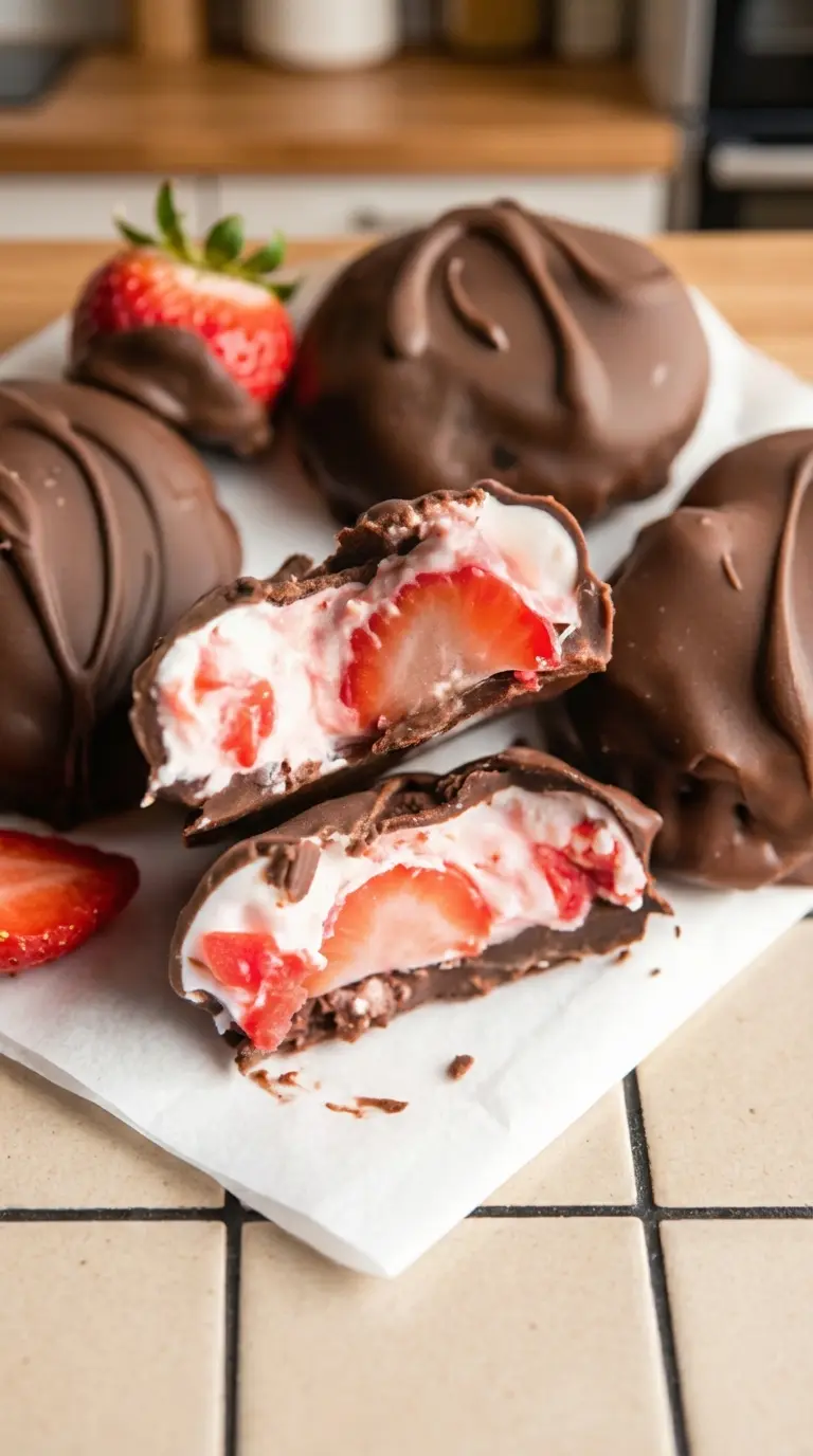 A beautifully arranged stack of finished dark Chocolate Strawberry Yogurt Clusters on a minimalist white plate, with one cluster broken to reveal its creamy strawberry yogurt interior. The chocolate coating has a slight sheen. The scene is illuminated by natural morning light on a marble countertop, with subtle wood accents and gentle shadows. (3:4 ratio)