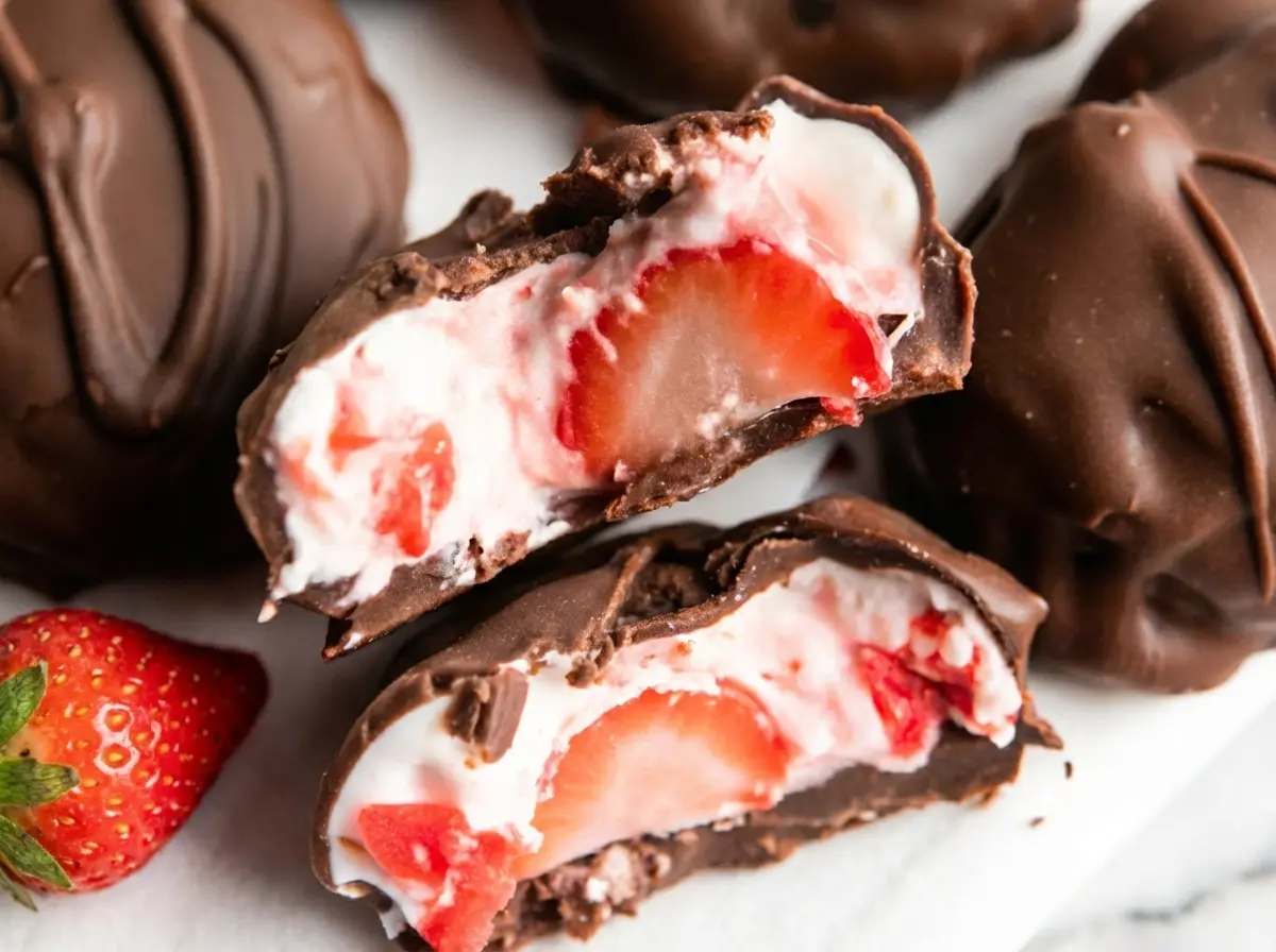 A close-up, artfully composed shot of several dark Chocolate Strawberry Yogurt Clusters on a minimalist white plate, one cluster cut in half to prominently display the creamy white yogurt interior with vibrant red strawberry pieces, coated in smooth, dark chocolate. Natural morning light from an east window casts soft shadows. The setting is a clean marble countertop with a blurred wooden accent in the background. (4:3 ratio)