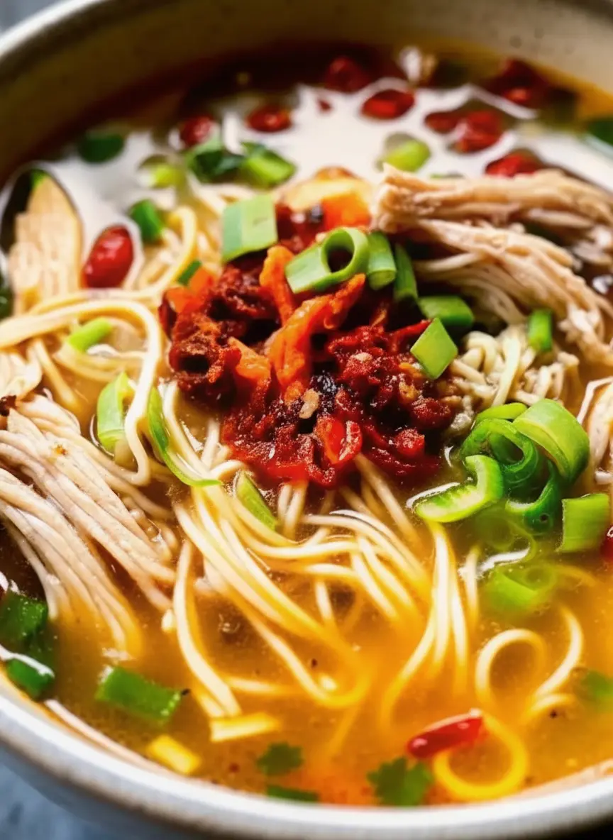Fresh ingredients arranged on a worn wooden cutting board. Knobby fresh ginger root, whole garlic bulbs, a bunch of fresh green scallions with roots, and a bottle of chili oil. Background shows a blurred marble countertop and a white ceramic plate. Natural lighting, focus on textures of the produce.