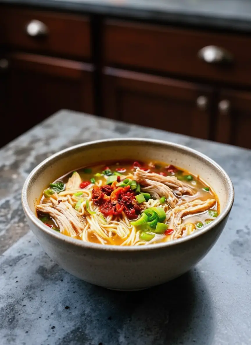 A close-up shot of a stainless steel pot on a stove (no hands visible). The golden broth is simmering gently with steam rising. Visible inside are pieces of poaching chicken and sliced carrots. The light catches the steam, creating a warm, cozy atmosphere.