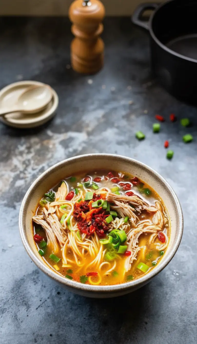 Macro shot of a spoonful of the soup resting on the edge of the ceramic bowl (no hands). The spoon contains broth, a few strands of noodle, a piece of shredded chicken, and a slice of scallion glistening with a drop of red chili oil. Focus is sharp on the food texture.
