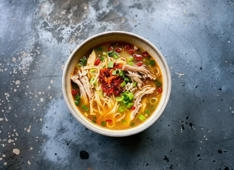 A top-down hero shot of Classic Ginger Garlic Chicken Noodle Soup in a textured off-white ceramic bowl. The broth is a rich golden amber, filled with curly thin noodles, shredded white chicken meat, and bright orange carrot coins. Generous amount of chopped green onions scattered on top. Distinct red droplets of chili oil floating on the surface. Lighting is soft morning light from the left, casting gentle shadows on a marble countertop with wood accents. High resolution, food photography style.