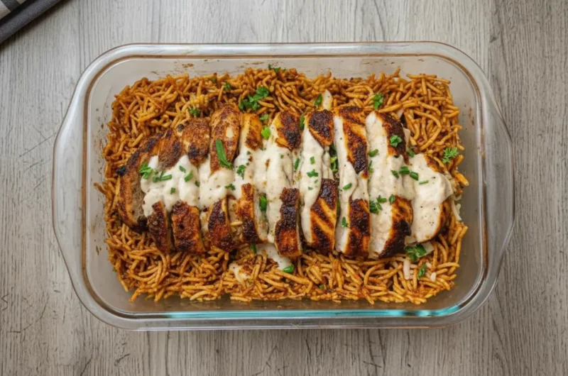 A rectangular glass baking dish sitting on a marble countertop with wood accents. The dish is filled with golden-brown vermicelli and rice pilaf. Topped with sliced, charred Cajun-seasoned chicken breast arranged in a row. A white creamy sauce is drizzled over the chicken. Fresh chopped parsley garnish. Natural morning light from the east, soft shadows, 4:3 aspect ratio.