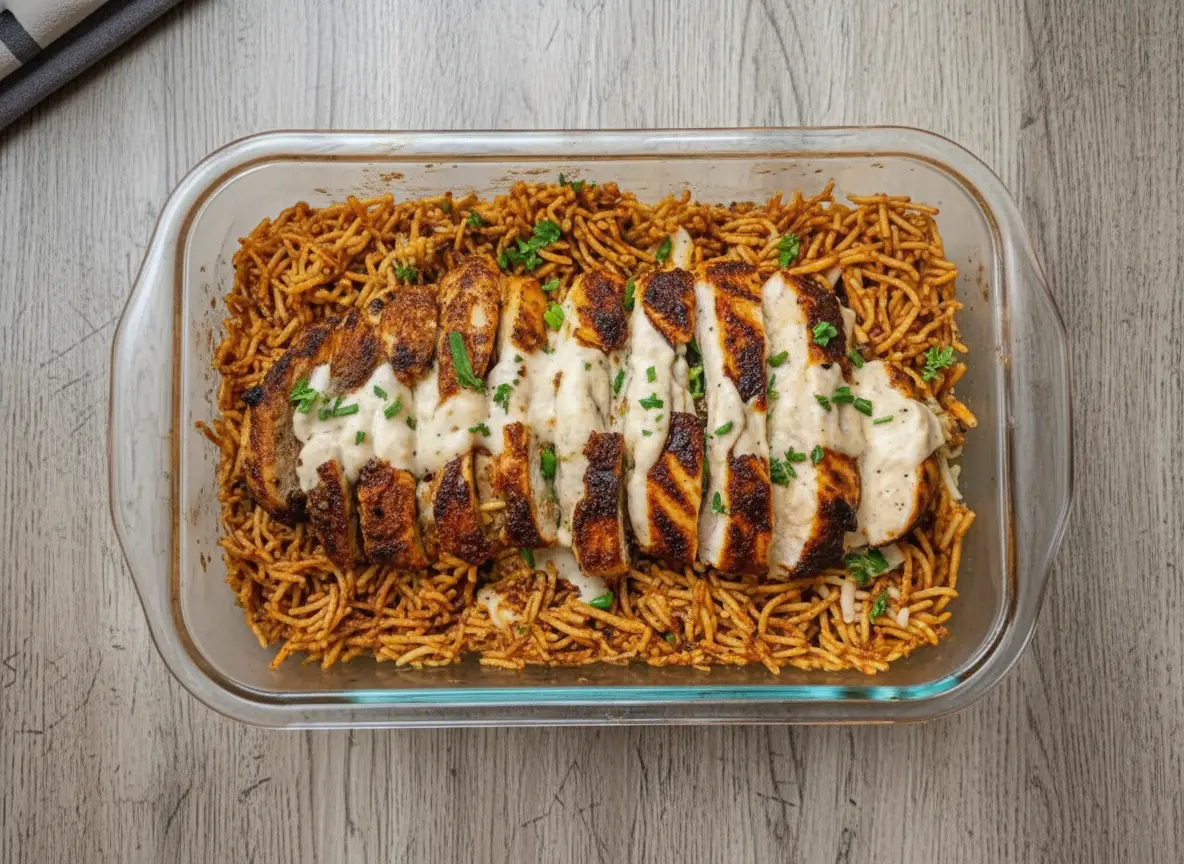 A rectangular glass baking dish sitting on a marble countertop with wood accents. The dish is filled with golden-brown vermicelli and rice pilaf. Topped with sliced, charred Cajun-seasoned chicken breast arranged in a row. A white creamy sauce is drizzled over the chicken. Fresh chopped parsley garnish. Natural morning light from the east, soft shadows, 4:3 aspect ratio.