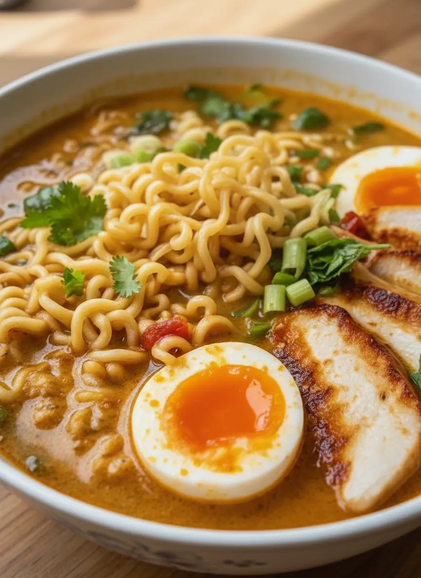 A meticulously arranged mise en place for Creamy Garlic Chicken Ramen: raw chicken strips, minced garlic, cartons of chicken broth and cream, soy sauce, sesame oil, dry instant ramen noodles, fresh green onions, and cilantro laid out on a clean wooden cutting board. The scene is bathed in natural morning light from an east window, highlighting the textures, with soft shadows and warm tones on a marble countertop.