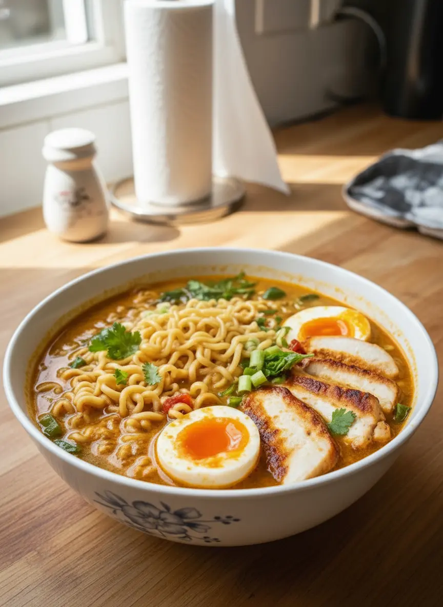 A close-up shot focusing on the process of preparing Creamy Garlic Chicken Ramen. A pot of creamy orange-yellow broth is gently simmering on a stovetop, with bubbles just breaking the surface. Nearby, a separate pot shows wavy ramen noodles being cooked to al dente perfection. The background features a clean kitchen counter with a hint of fresh herbs and the warmth of natural morning light. No hands or people visible, maintaining a tidy, authentic kitchen feel.