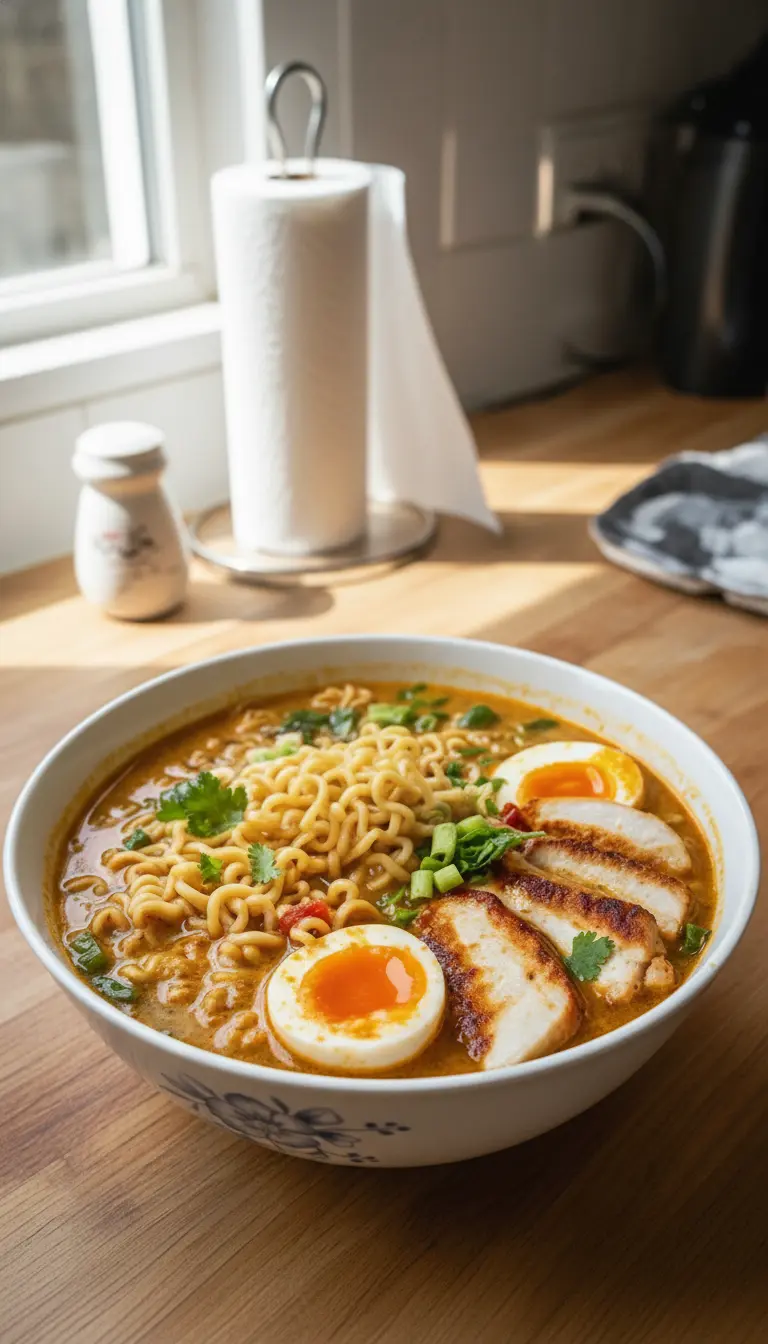 A beautifully composed serving shot of a full bowl of Creamy Garlic Chicken Ramen, showcasing the rich, creamy orange-yellow broth, wavy noodles, artfully arranged grilled chicken slices, vibrant soft-boiled eggs with glistening orange yolks, and a generous garnish of chopped green onions and fresh cilantro leaves. The minimalist white ceramic bowl with a subtle blue floral pattern rests on a wooden accent of a marble countertop, illuminated by natural morning light from an east window, creating soft shadows and warm, inviting tones.