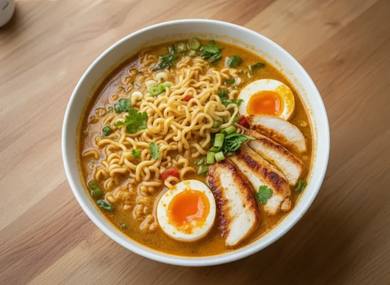 A beautifully plated bowl of Creamy Garlic Chicken Ramen, featuring wavy instant ramen noodles, grilled chicken slices with a slight char, vibrant soft-boiled eggs with bright orange yolks, chopped green onions, and fresh cilantro leaves. Chopsticks are gently lifting a tangle of noodles from the creamy orange-yellow broth. The bowl is a minimalist white ceramic with a subtle blue floral pattern, placed on a warm wooden countertop next to a marble accent. Natural morning light streams from an east window, casting soft shadows, creating a warm, inviting tone. Fresh herbs are visible in the soft-focus background, maintaining a clean and tidy presentation. (4:3 ratio)