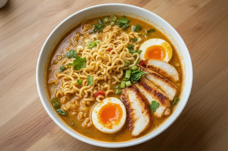 A beautifully plated bowl of Creamy Garlic Chicken Ramen, featuring wavy instant ramen noodles, grilled chicken slices with a slight char, vibrant soft-boiled eggs with bright orange yolks, chopped green onions, and fresh cilantro leaves. Chopsticks are gently lifting a tangle of noodles from the creamy orange-yellow broth. The bowl is a minimalist white ceramic with a subtle blue floral pattern, placed on a warm wooden countertop next to a marble accent. Natural morning light streams from an east window, casting soft shadows, creating a warm, inviting tone. Fresh herbs are visible in the soft-focus background, maintaining a clean and tidy presentation. (4:3 ratio)