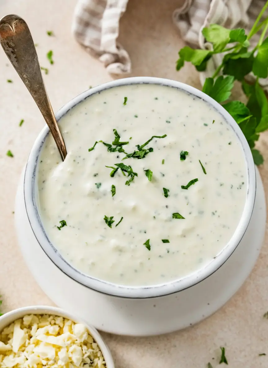 Ingredients laid out for Blue Cheese Dip: a small white ceramic bowl of crumbled blue cheese, a measuring cup of mayonnaise, a tub of sour cream, and a sprig of fresh parsley on a wooden cutting board on a marble countertop. Natural morning light, soft shadows, warm tones. No hands or people. (3:4 ratio)