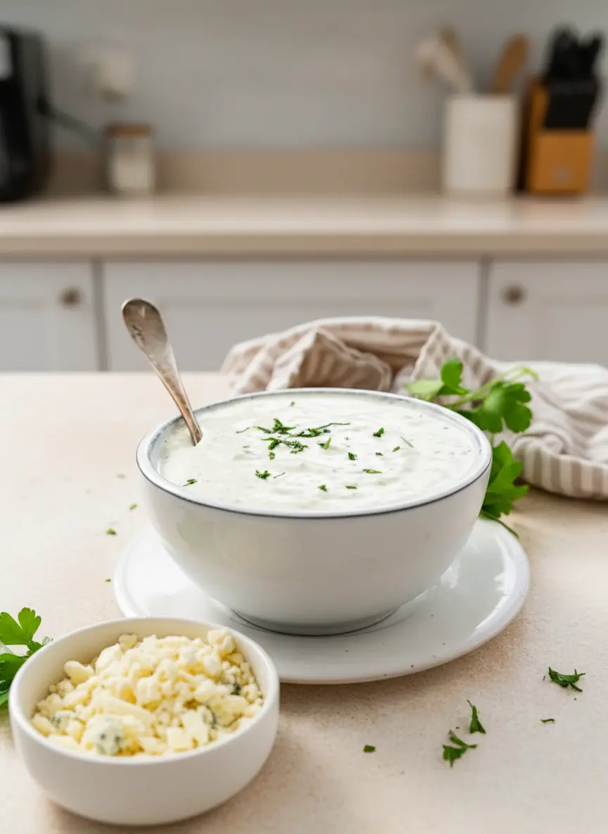 A rustic silver spoon vigorously stirring a creamy, pale off-white Blue Cheese Dip in a minimalist white ceramic bowl with a light blue rim. The dip shows flecks of blue cheese and green parsley. The bowl is on a marble countertop with a subtle wood accent in the background. Natural morning light. No hands or people. (3:4 ratio)