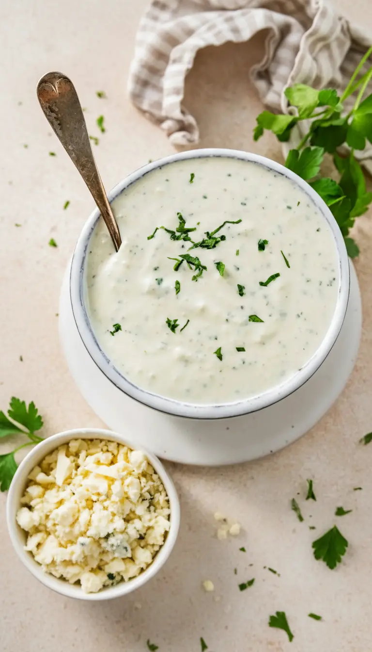 A close-up shot of the creamy, pale off-white Blue Cheese Dip in a minimalist white ceramic bowl with a light blue rim, showcasing its thick texture and generous fresh parsley garnish. A serving spoon is just out of frame, implying use. The bowl is on a marble countertop, with fresh herbs subtly blurred in the background. Natural morning light, soft shadows, warm tones. No hands or people. (3:4 ratio)
