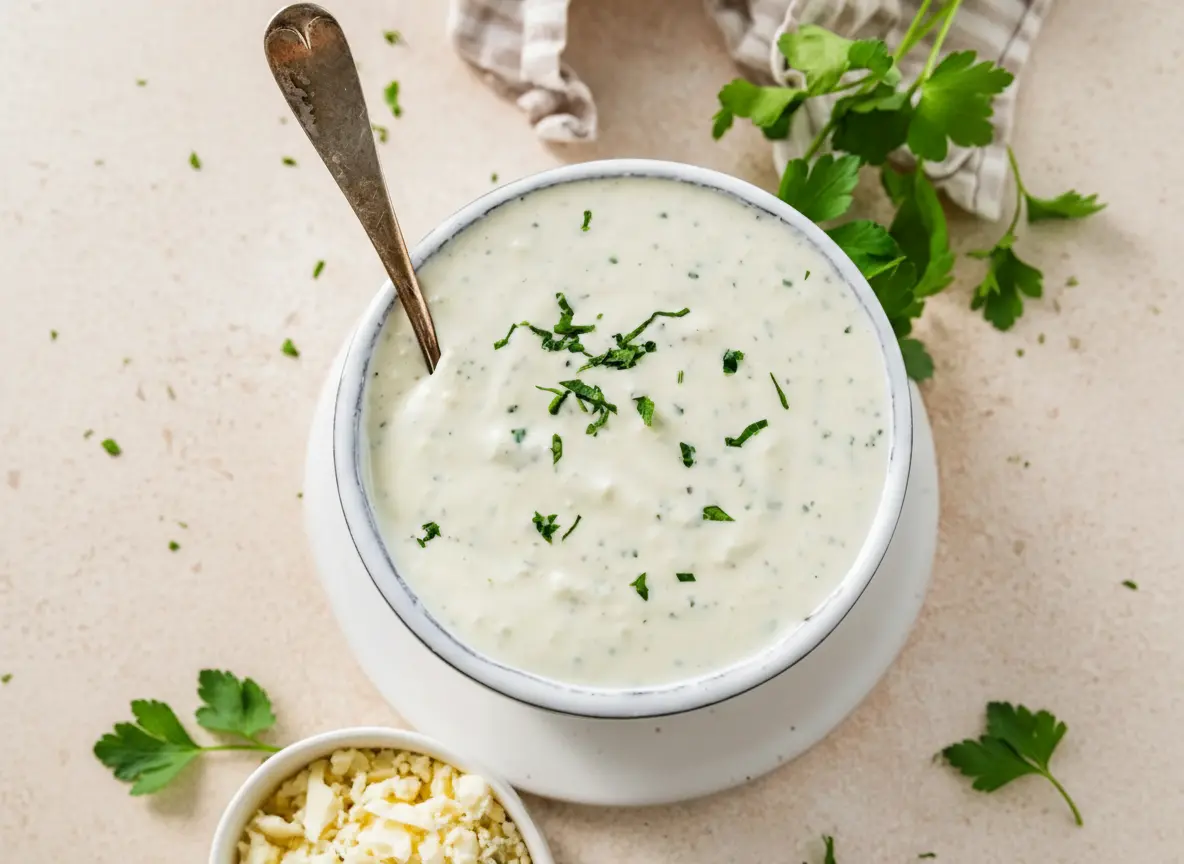A creamy, pale off-white Blue Cheese Dip in a minimalist white ceramic bowl with a light blue rim, garnished generously with fresh chopped parsley. A rustic silver spoon is partially submerged in the dip. The bowl rests on a light marble countertop with subtle wood accents. Fresh green herbs are visible in the soft-focused background. Natural morning light from an east window casts soft shadows. No hands or people. (4:3 ratio)