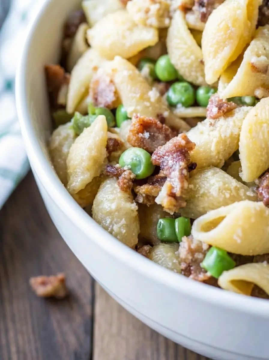 Ingredients for creamy pasta salad laid out on a clean marble countertop next to a wooden cutting board: uncooked shell pasta, a small bowl of thawed green peas, crispy crumbled bacon in a white bowl, a block of cheddar cheese with a grater, and a small whisked bowl of creamy dressing components. Fresh herbs (chives or parsley) are subtly visible in the background, under natural morning light. Soft shadows, warm tones, clean and tidy presentation, no hands or people. (3:4 ratio)