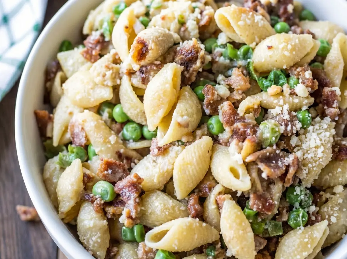 A vibrant, appetizing close-up of a large white ceramic bowl filled with creamy pasta salad. The salad features plump shell pasta, bright green peas, crispy golden bacon bits, and a luscious creamy white sauce, with visible shreds of white cheese. The bowl is set on a rustic wooden surface, with a hint of a blue and white striped cloth in the soft-focused background, all bathed in natural morning light from an east window. Soft shadows, warm tones, clean and tidy presentation, no hands or people. (4:3 ratio)