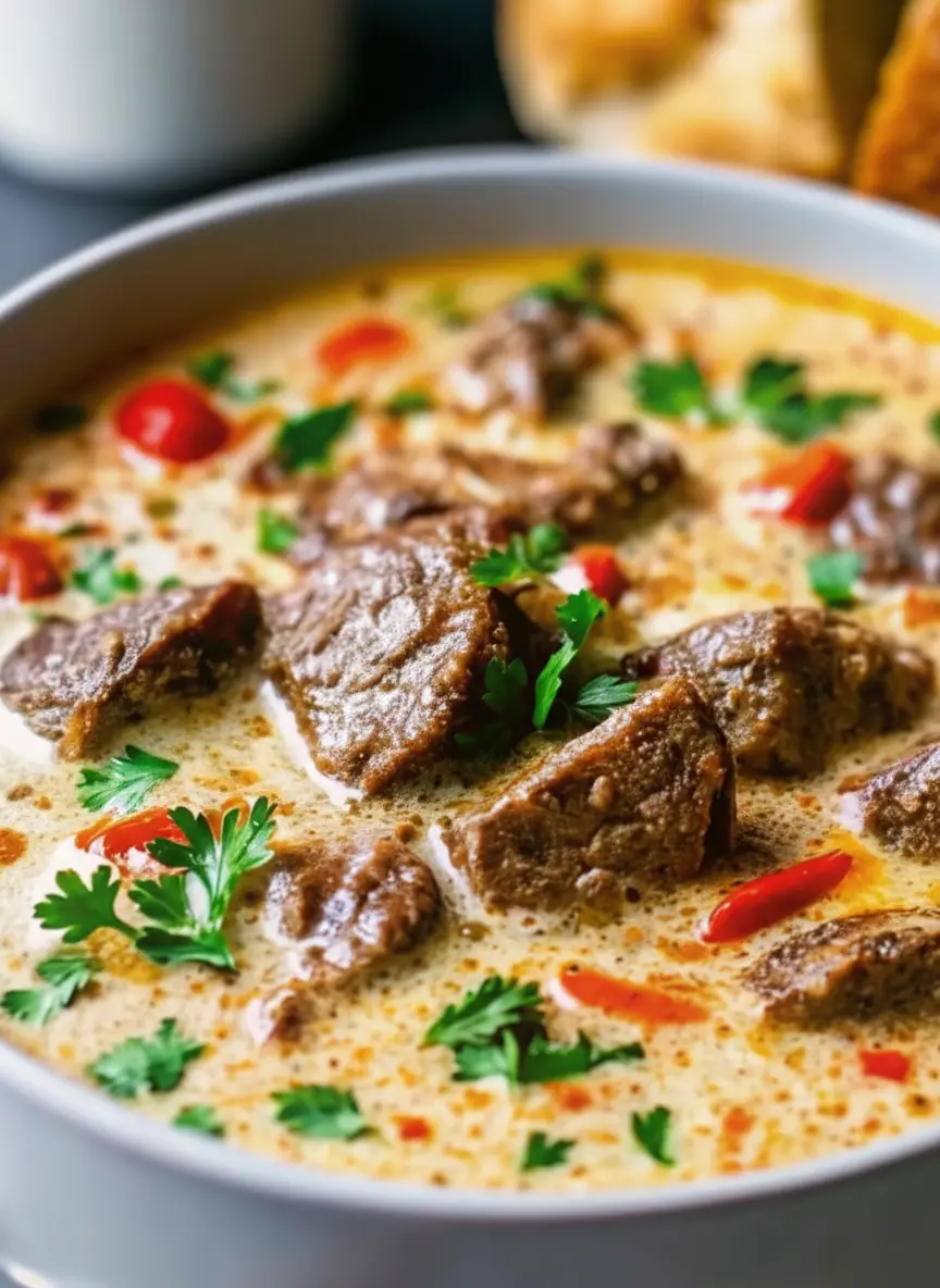3:4 shot of fresh ingredients arranged on a marble countertop with wood accents. Cubes of raw ribeye steak on a wooden cutting board, alongside bright red and green bell peppers, a whole onion, and a block of provolone cheese. Natural lighting, sharp focus on the textures of the meat and vegetables.