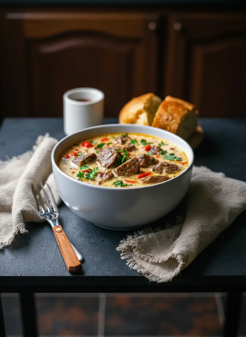 3:4 shot of a large heavy-bottomed pot on a stove (no hands visible). The pot contains sautéed onions and bell peppers simmering in butter, with steam rising gently. The lighting is warm and cozy, capturing the glistening texture of the softened vegetables before the broth is added.