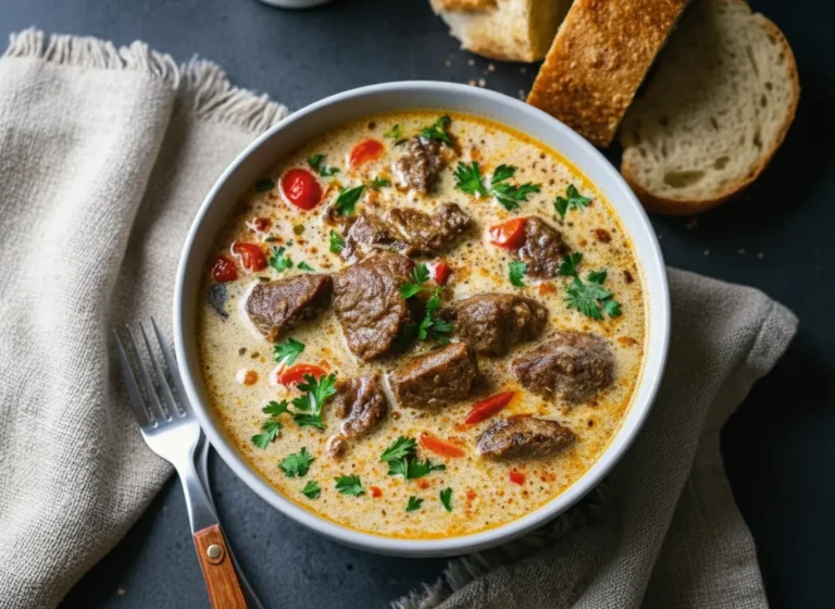A hyper-realistic, 4:3 hero shot of Creamy Philly Cheese Steak Soup in a matte light blue ceramic bowl sitting on a marble countertop. The soup features a rich, creamy, off-white broth generously filled with browned chunks of tender beef, diced red and green peppers, and specks of herbs. A dark blue linen napkin is casually placed to the side. In the background, out of focus, lies a loaf of crusty bread. Natural morning light streams from the right, creating soft shadows and highlighting the texture of the meat and the gloss of the soup.