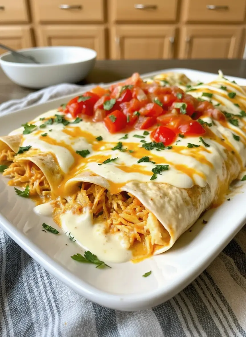 Process shot, 45-degree angle. A white ceramic baking dish sits on the marble counter. It is filled with rolled flour tortillas, neatly arranged in a row, before the sauce is added. No hands visible. The focus is on the texture of the tortillas and the tidy arrangement.