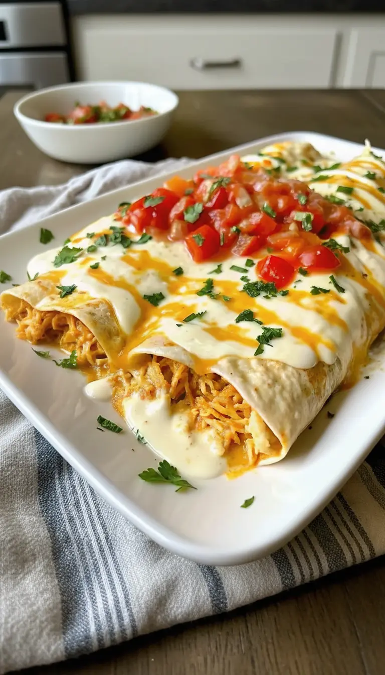 Macro close-up shot. The corner of the finished baking dish. Golden bubbly white queso sauce coating the edge of a tortilla. A piece of diced red tomato and a cilantro leaf are in sharp focus on top. You can see the steam rising and the creamy texture of the sauce.