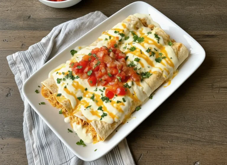 Hero shot, eye-level angle. A white minimalist rectangular plate sitting on a marble countertop with wood accents. Two creamy queso chicken enchiladas are plated, smothered in a glossy white cheese sauce. Topped generously with bright red diced tomatoes and fresh green chopped cilantro. In the background, soft morning light hits a wooden cutting board with more fresh herbs. The sauce is pooling slightly, showing a hint of reddish chili oil separation.