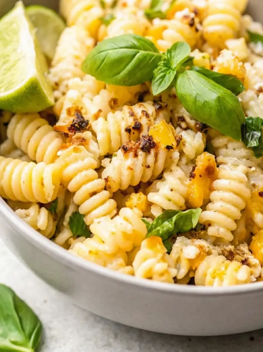 A 3:4 ratio shot showcasing the fresh ingredients for Creamy Street Corn Pasta Salad laid out on a wooden cutting board on a marble countertop: uncooked spiral pasta, fresh corn cobs (some kernels already cut off), limes, fresh basil sprigs, and a block of cotija cheese. Natural morning light creates soft shadows. Clean and tidy presentation, warm tones.