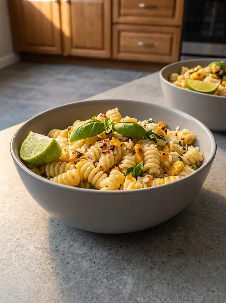 A 3:4 ratio action shot capturing the process of making Creamy Street Corn Pasta Salad: charred corn kernels being added to a large minimalist white ceramic mixing bowl with cooked spiral pasta and a creamy dressing, mid-toss with a wooden spoon. Fresh basil and lime zest are visible. Natural morning light, marble countertop, subtle wood accents. Clean and tidy presentation, warm tones.