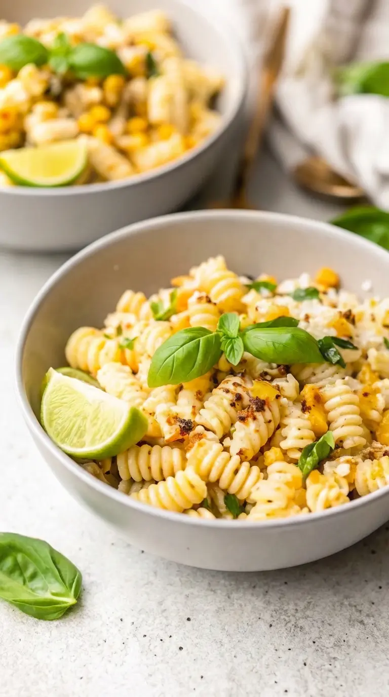 A 3:4 ratio close-up of a single serving of Creamy Street Corn Pasta Salad in a minimalist white ceramic bowl, highlighting the creamy texture of the dressing coating the spiral pasta, the smoky char on the corn, and the crumbled cotija cheese. It's garnished with a fresh basil leaf and a lime wedge. Natural morning light, marble countertop. Clean and tidy presentation, warm tones.