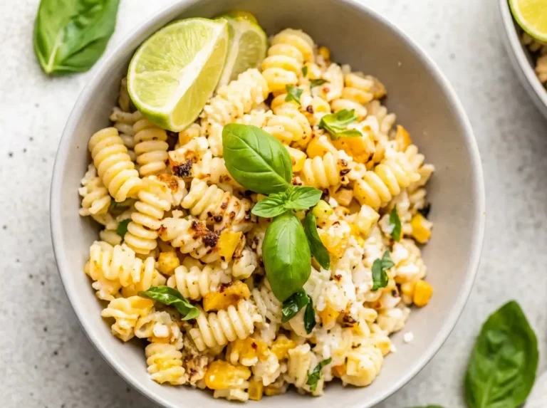 A hero shot (4:3 ratio) of a vibrant Creamy Street Corn Pasta Salad in a minimalist white ceramic bowl, garnished with a fresh basil sprig and a bright lime wedge. The pasta salad features spiral pasta, charred corn kernels, and crumbled cotija cheese, all coated in a creamy dressing. Soft natural morning light from an east window illuminates the scene, casting gentle shadows on a marble countertop with subtle wood accents in the background. Fresh herbs are visible in soft focus. Clean and tidy presentation, warm tones.