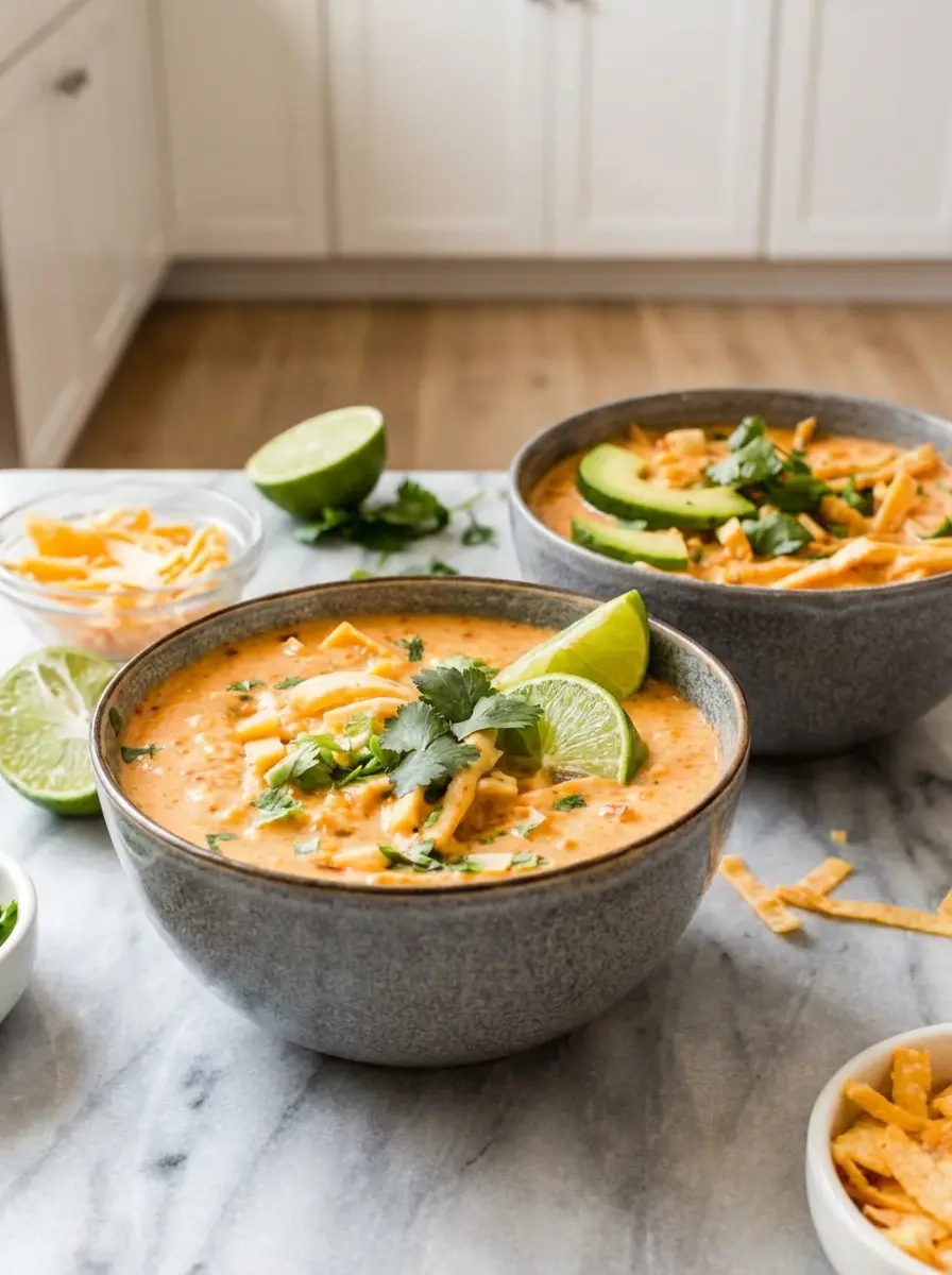 A close-up (3:4 ratio) of a large, rustic Dutch oven on a marble countertop, filled with White Chicken Chili simmering gently. Visible shredded chicken, corn, and beans are suspended in the creamy, orange-tinted broth. A wooden spoon rests on the edge of the pot. Natural morning light highlights the textures and warm tones, with a few fresh cilantro sprigs in the background.