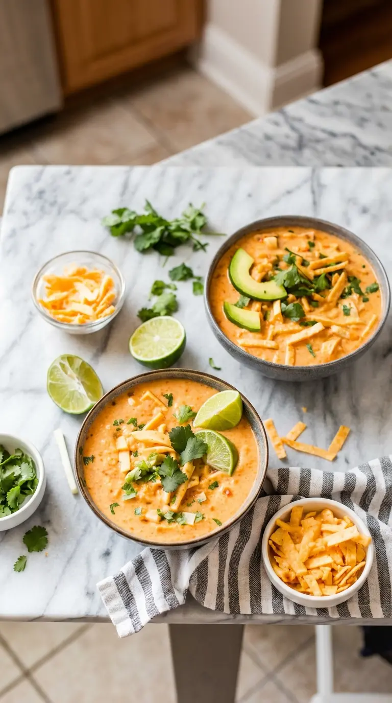 A close-up (3:4 ratio) of a single dark grey/blue ceramic bowl of White Chicken Chili, viewed from a slightly elevated angle, emphasizing the rich, creamy texture and steam rising gently. The chili is abundantly topped with perfectly diced avocado, vibrant fresh cilantro, and golden crispy tortilla strips. The bowl sits on a white marble countertop, bathed in soft, natural morning light with subtle warm tones.