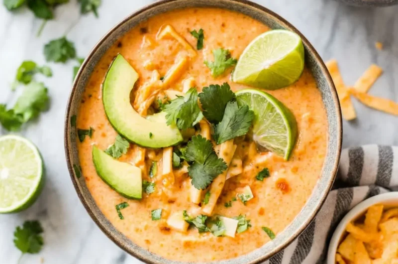 Overhead hero shot (4:3 ratio) of two dark grey/blue ceramic bowls brimming with creamy, orange-hued White Chicken Chili. The chili is richly garnished with generous diced avocado, fresh vibrant green cilantro, and golden crispy tortilla strips. Beside the bowls, bright green lime halves and scattered golden tortilla strips are arranged on a clean white marble countertop. Natural morning light casts soft shadows, creating warm tones with a tidy presentation.