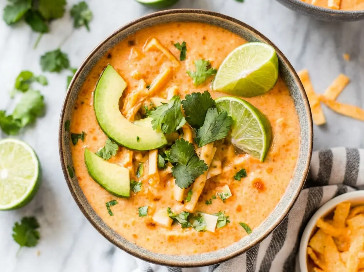 Overhead hero shot (4:3 ratio) of two dark grey/blue ceramic bowls brimming with creamy, orange-hued White Chicken Chili. The chili is richly garnished with generous diced avocado, fresh vibrant green cilantro, and golden crispy tortilla strips. Beside the bowls, bright green lime halves and scattered golden tortilla strips are arranged on a clean white marble countertop. Natural morning light casts soft shadows, creating warm tones with a tidy presentation.