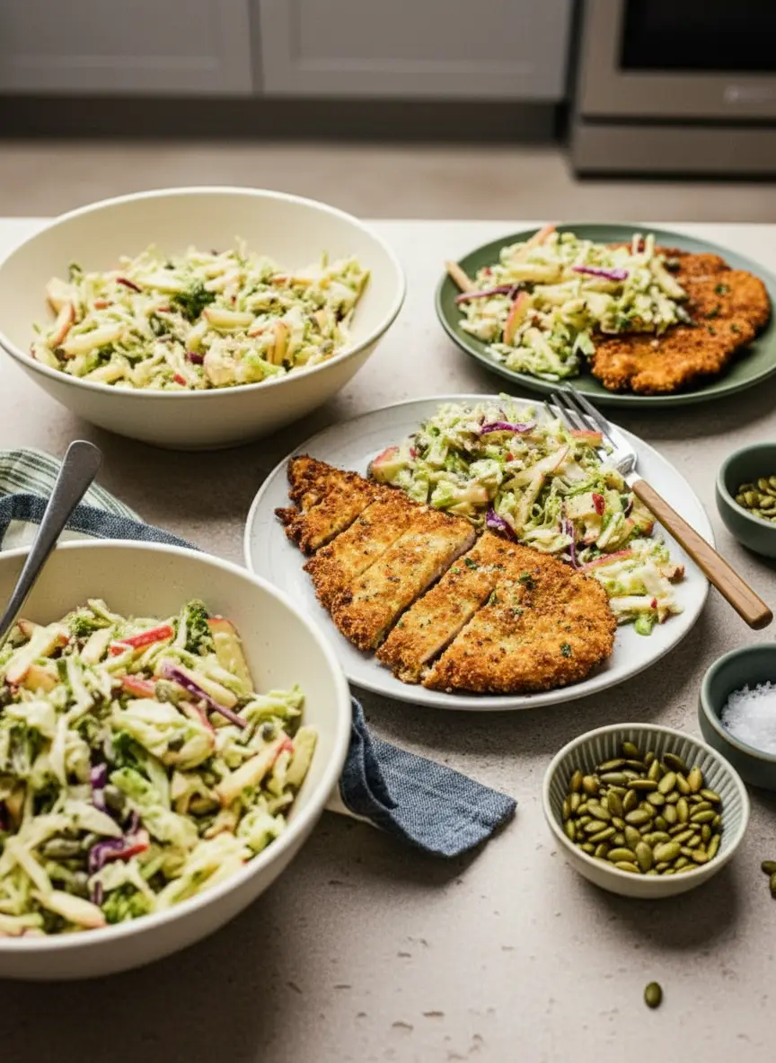 A 3:4 shot showing a golden-brown, crispy chicken cutlet being pan-fried in a cast-iron skillet, with visible sizzling oil. Another finished cutlet rests on a wire rack in the background. The kitchen is clean and tidy, with a marble countertop and warm, natural morning light.