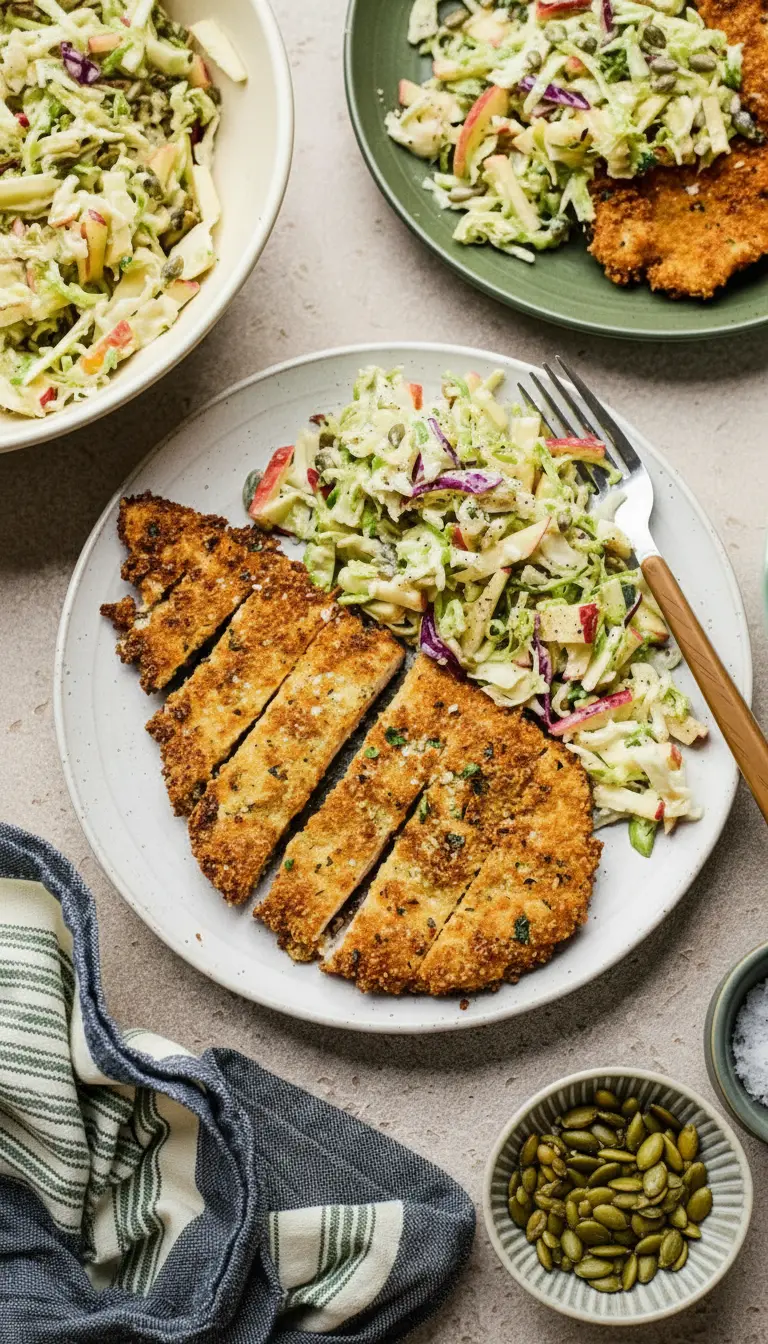 A 3:4 close-up of a sliced crispy chicken cutlet, showing its juicy interior and crunchy exterior, served on a green ceramic plate alongside the vibrant apple slaw. The slaw's texture and colors (green cabbage, red cabbage, apple) are clearly visible. A wooden-handled fork rests beside it. Soft shadows and warm tones are present, with fresh herbs subtly in the background on a marble counter.