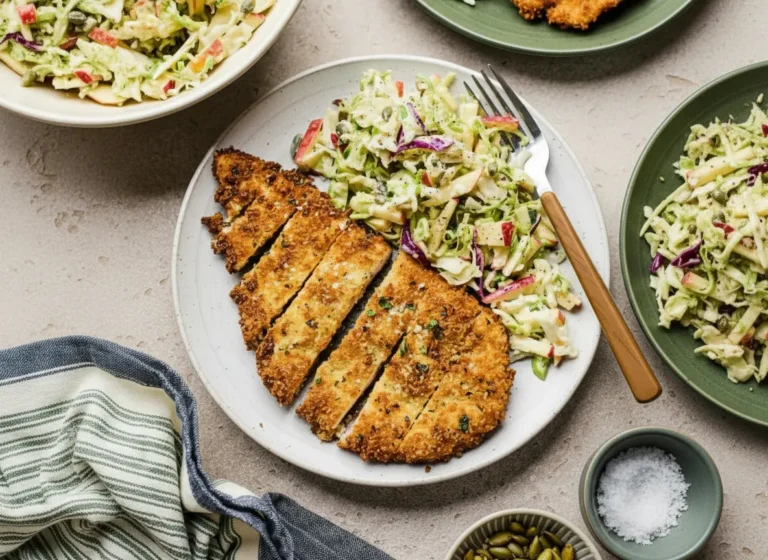 A hero shot (4:3) of perfectly golden-brown, sliced crispy chicken cutlets served on a minimalist green ceramic plate with a generous side of vibrant, creamy apple and cabbage slaw. The slaw clearly shows shredded green and red cabbage, and green apple matchsticks. In the background, out of focus, a small bowl of flaked sea salt and another with toasted pumpkin seeds are visible on a marble countertop with wood accents. Soft, natural morning light from an east window casts gentle shadows. The scene is clean, tidy, and has warm tones, embodying genuine love for the cooking process.