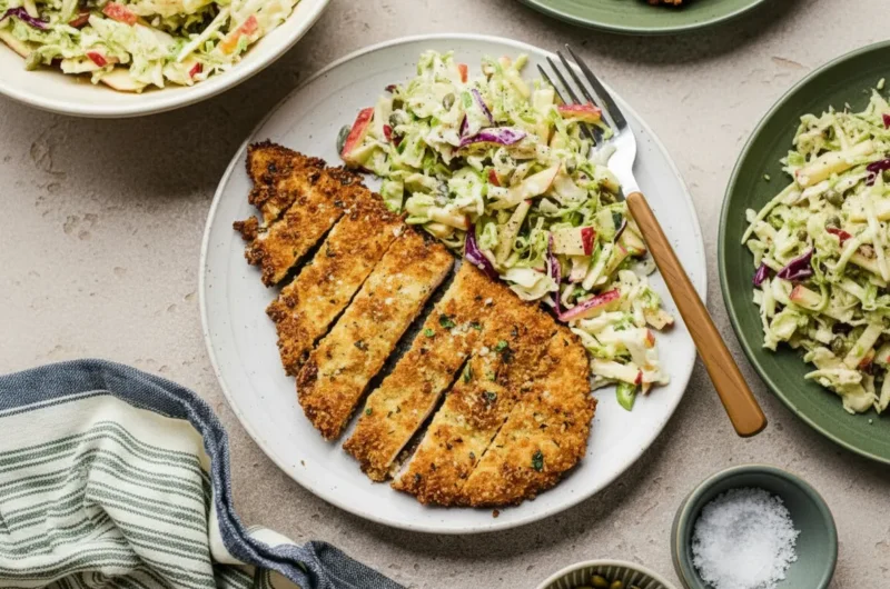 A hero shot (4:3) of perfectly golden-brown, sliced crispy chicken cutlets served on a minimalist green ceramic plate with a generous side of vibrant, creamy apple and cabbage slaw. The slaw clearly shows shredded green and red cabbage, and green apple matchsticks. In the background, out of focus, a small bowl of flaked sea salt and another with toasted pumpkin seeds are visible on a marble countertop with wood accents. Soft, natural morning light from an east window casts gentle shadows. The scene is clean, tidy, and has warm tones, embodying genuine love for the cooking process.