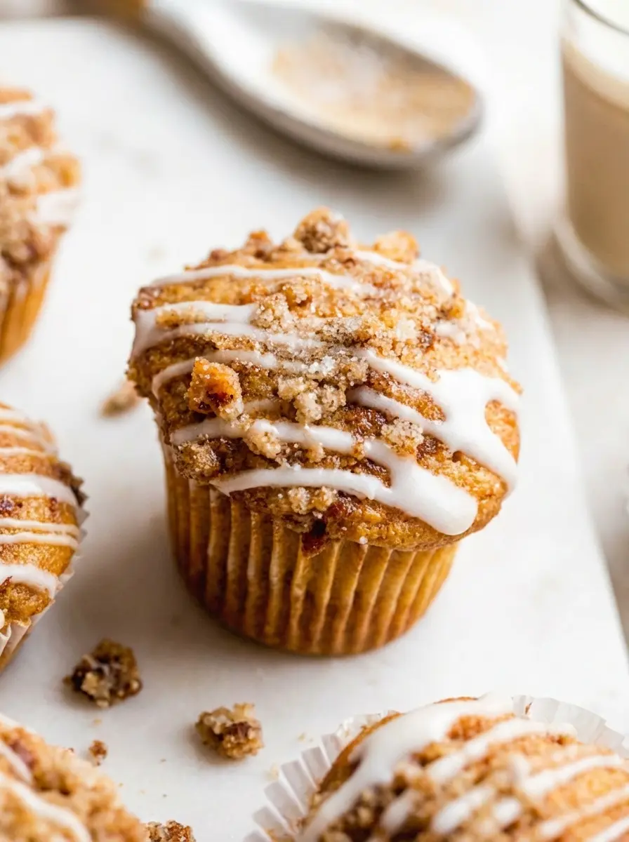 A close-up shot of dry ingredients for Crumb Cake Muffins (flour, granulated sugar, cinnamon) being whisked together in a minimalist white ceramic bowl on a wooden cutting board set on a marble countertop. Beside it, small ceramic bowls hold liquid wet ingredients like buttermilk and sour cream. Natural morning light creates soft shadows. Fresh herbs are subtly visible in a clear glass in the background, out of focus.