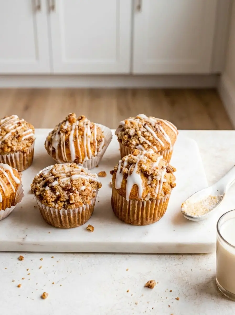 A visual of a muffin pan with Crumb Cake Muffin batter in light brown paper liners, being generously sprinkled with the chunky, golden-brown streusel topping. The background shows a clean white marble countertop and the gentle fall of natural light from an east window, creating soft reflections. A subtle hint of a wooden cutting board beneath the pan.