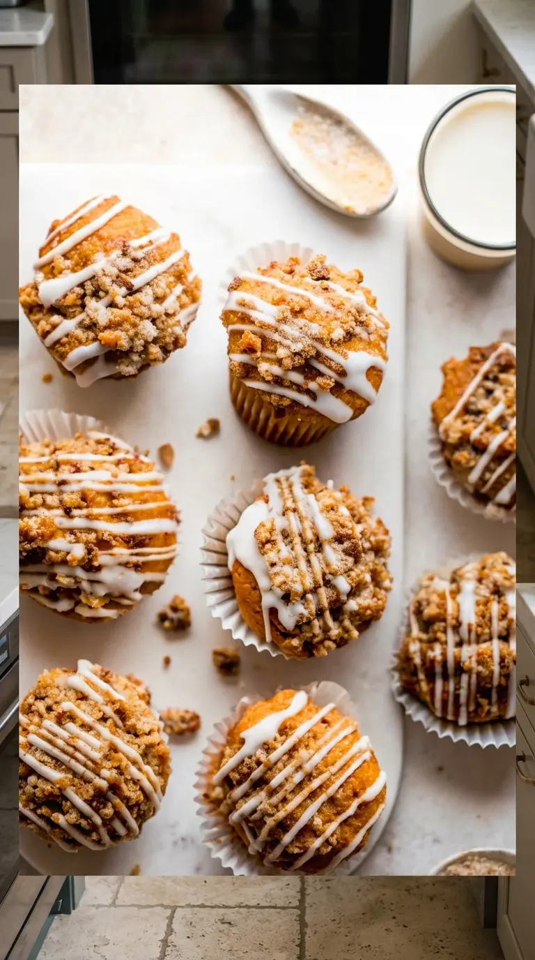 A stack of two golden-brown Crumb Cake Muffins, one partially unwrapped to show the moist, fluffy interior texture, both featuring abundant chunky streusel topping and a generous white glaze drizzle. They sit on a small, minimalist white plate on a clean white marble countertop. Soft, warm natural light highlights the crumbly texture and sweet glaze. A subtle hint of fresh herbs in the background, out of focus.