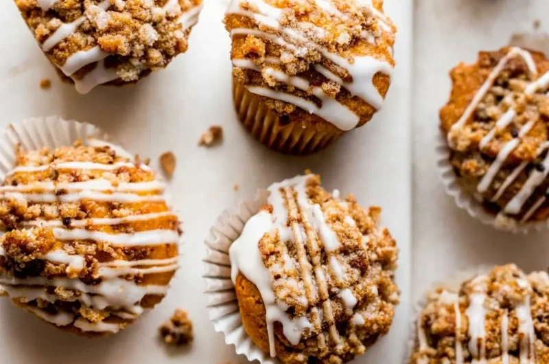 Overhead, flat lay shot of golden-brown Crumb Cake Muffins, generously topped with chunky, cinnamon-spiced streusel and drizzled with thick white glaze. Some muffins in pleated paper liners, others removed. A small silver spoon with a drip of white glaze rests near one muffin. Photographed on a clean white marble countertop with natural morning light from an east window, casting soft shadows. Hints of a wooden cutting board and a minimalist ceramic bowl (perhaps holding extra glaze) in the background, subtly out of focus. Warm tones and a tidy presentation.