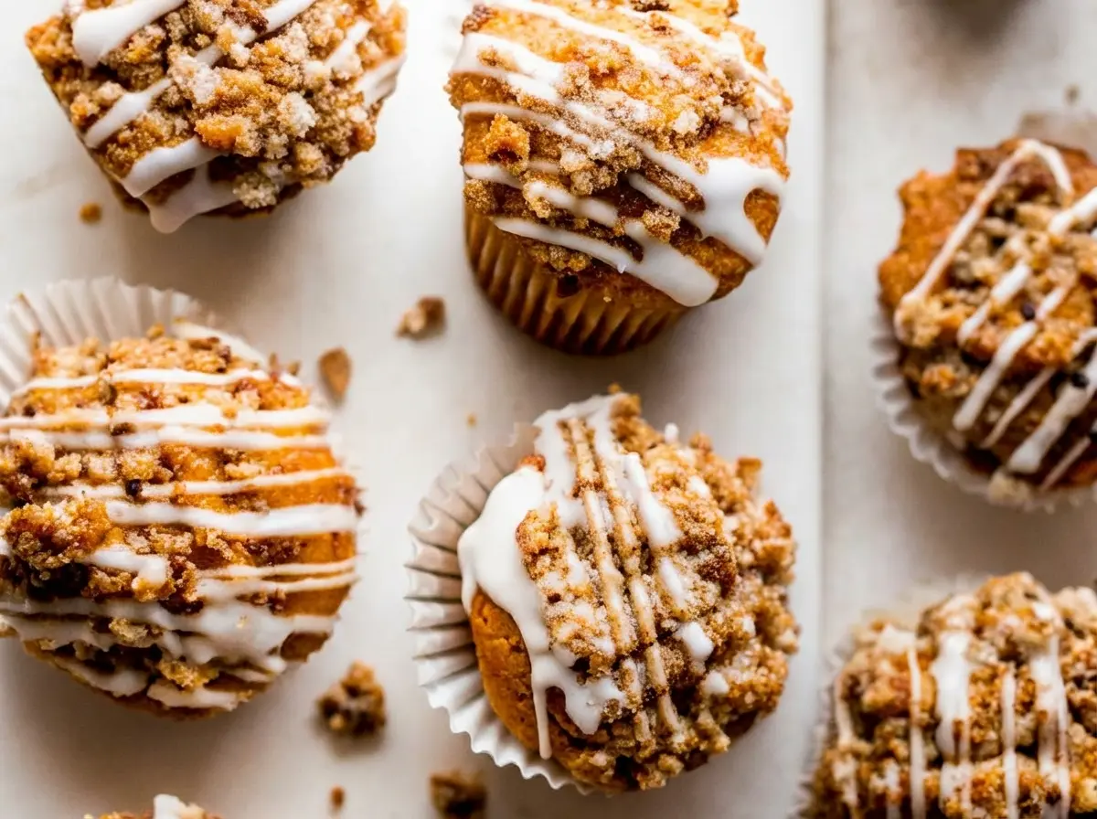 Overhead, flat lay shot of golden-brown Crumb Cake Muffins, generously topped with chunky, cinnamon-spiced streusel and drizzled with thick white glaze. Some muffins in pleated paper liners, others removed. A small silver spoon with a drip of white glaze rests near one muffin. Photographed on a clean white marble countertop with natural morning light from an east window, casting soft shadows. Hints of a wooden cutting board and a minimalist ceramic bowl (perhaps holding extra glaze) in the background, subtly out of focus. Warm tones and a tidy presentation.
