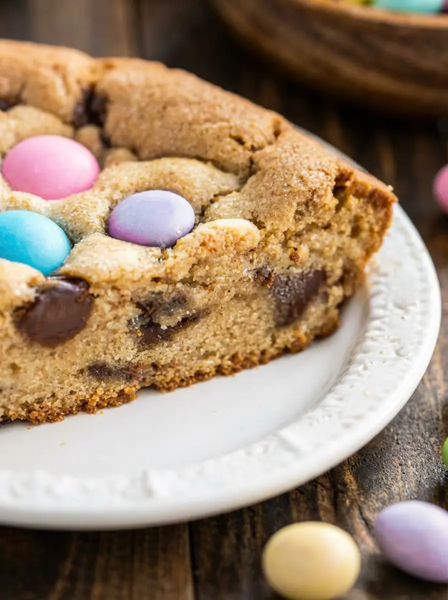 A 3:4 close-up shot of the raw ingredients for Easter Cookie Cake on a rustic wooden cutting board on a marble countertop. Bowls of flour, granulated sugar, brown sugar, chocolate chips, and a ceramic bowl brimming with pastel candy-coated chocolate eggs are arranged artfully. Natural morning light highlights the textures. Clean and tidy presentation.