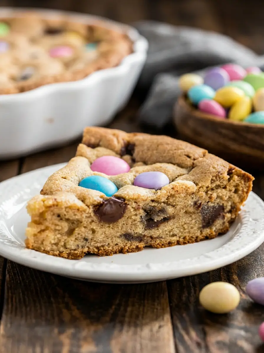 A 3:4 shot focusing on the Easter Cookie Cake dough pressed into a white fluted pie dish, with pastel candy-coated chocolate eggs generously scattered and lightly pressed into the surface, just before going into the oven. The pie dish is on a dark wooden surface, bathed in natural morning light from an east window. A subtle, soft shadow emphasizes depth. The kitchen has marble countertops in the background.