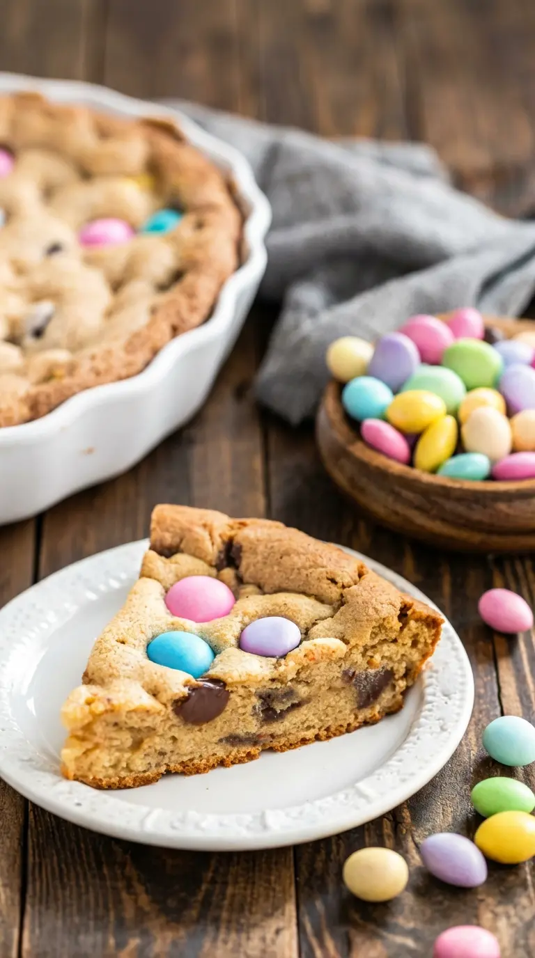 A 3:4 close-up image of a perfectly baked slice of Easter Cookie Cake on a minimalist white plate, showcasing the soft, chewy interior with melted chocolate chips and vibrant pastel candy-coated eggs. The edges are golden-brown. Soft shadows define the texture of the cookie and the candies. It sits on a dark rustic wooden surface, with marble accents in the background under natural light.