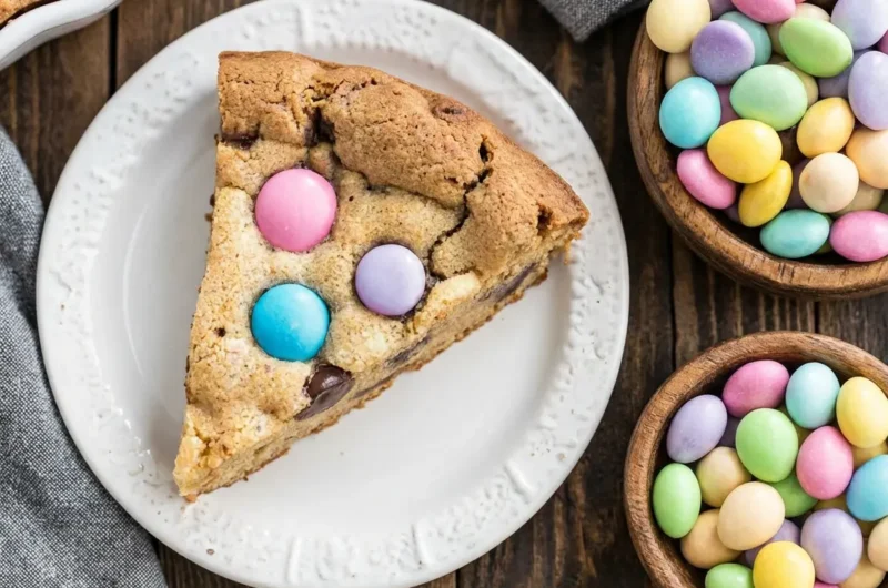 A beautifully styled 4:3 shot of a slice of Easter Cookie Cake on a minimalist white plate, surrounded by a few loose pastel candy-coated chocolate eggs. In the soft-focused background, the rest of the Easter Cookie Cake sits in a white fluted pie dish on a light gray striped linen, all on a dark rustic wooden surface. Natural morning light casts soft shadows. Fresh herbs are subtly visible in the background on a marble countertop with wood accents. The cookie cake itself is golden-brown with a chewy, slightly gooey chocolatey interior and a generous topping of pink, blue, purple, and green candy-coated eggs.