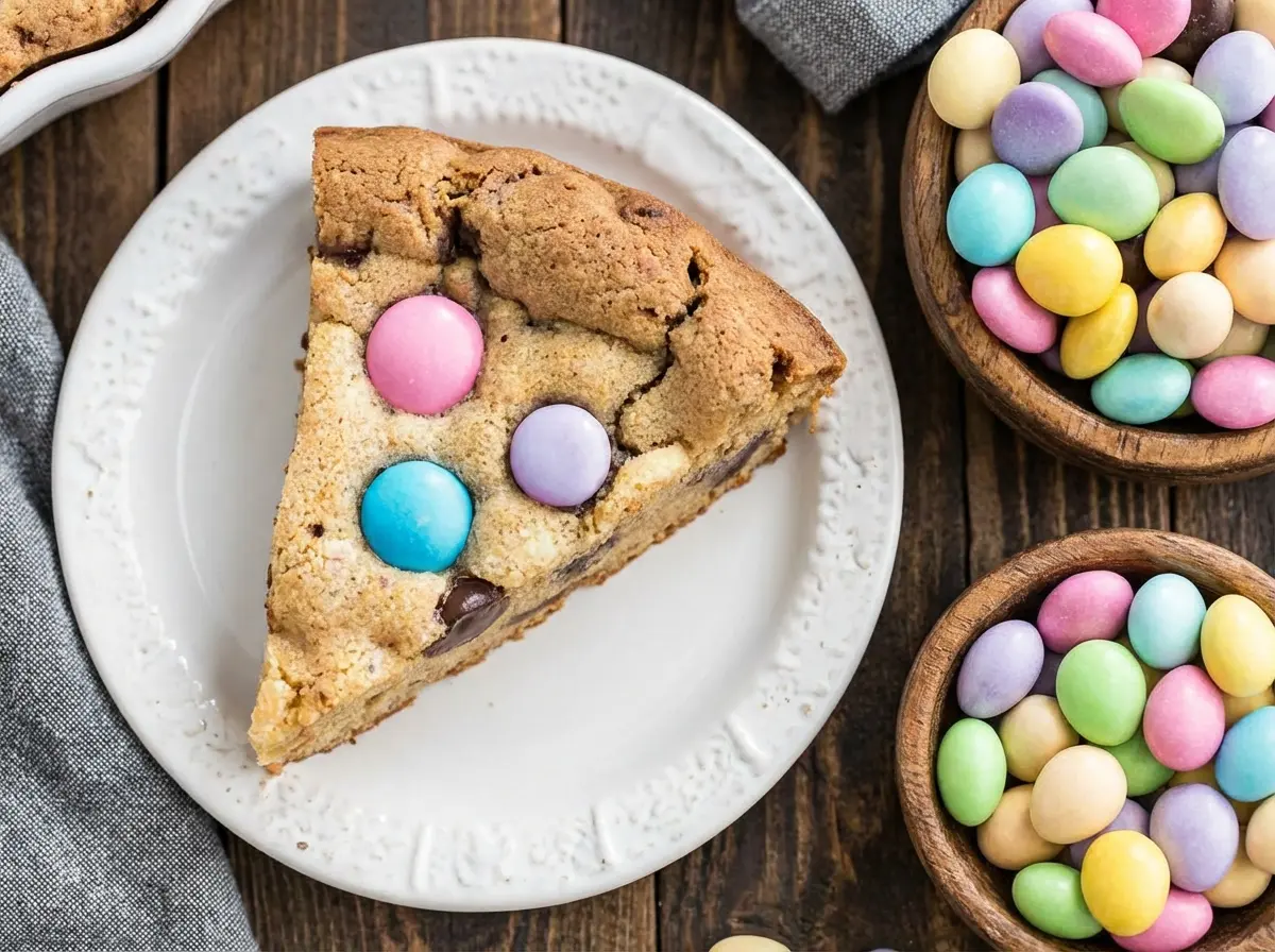 A beautifully styled 4:3 shot of a slice of Easter Cookie Cake on a minimalist white plate, surrounded by a few loose pastel candy-coated chocolate eggs. In the soft-focused background, the rest of the Easter Cookie Cake sits in a white fluted pie dish on a light gray striped linen, all on a dark rustic wooden surface. Natural morning light casts soft shadows. Fresh herbs are subtly visible in the background on a marble countertop with wood accents. The cookie cake itself is golden-brown with a chewy, slightly gooey chocolatey interior and a generous topping of pink, blue, purple, and green candy-coated eggs.