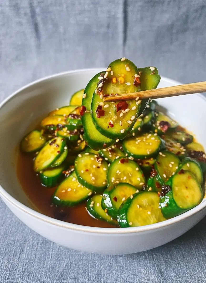 A flat lay (3:4 ratio) of raw English cucumbers, a small bowl of minced garlic, bottles of rice vinegar, soy sauce, sesame oil, and a sprinkle of red chili flakes and white sesame seeds, all neatly arranged on a rustic wooden cutting board. The scene is bathed in natural morning light from an east window, highlighting the freshness of the ingredients. The marble countertop is visible in the background, maintaining a clean and tidy presentation. NO HANDS OR PEOPLE.